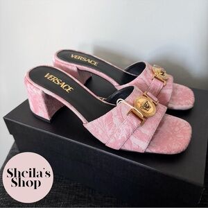 NIB Versace Medusa Jacquard Barocco Heeled Slide Sandals Baby Pink Size 38